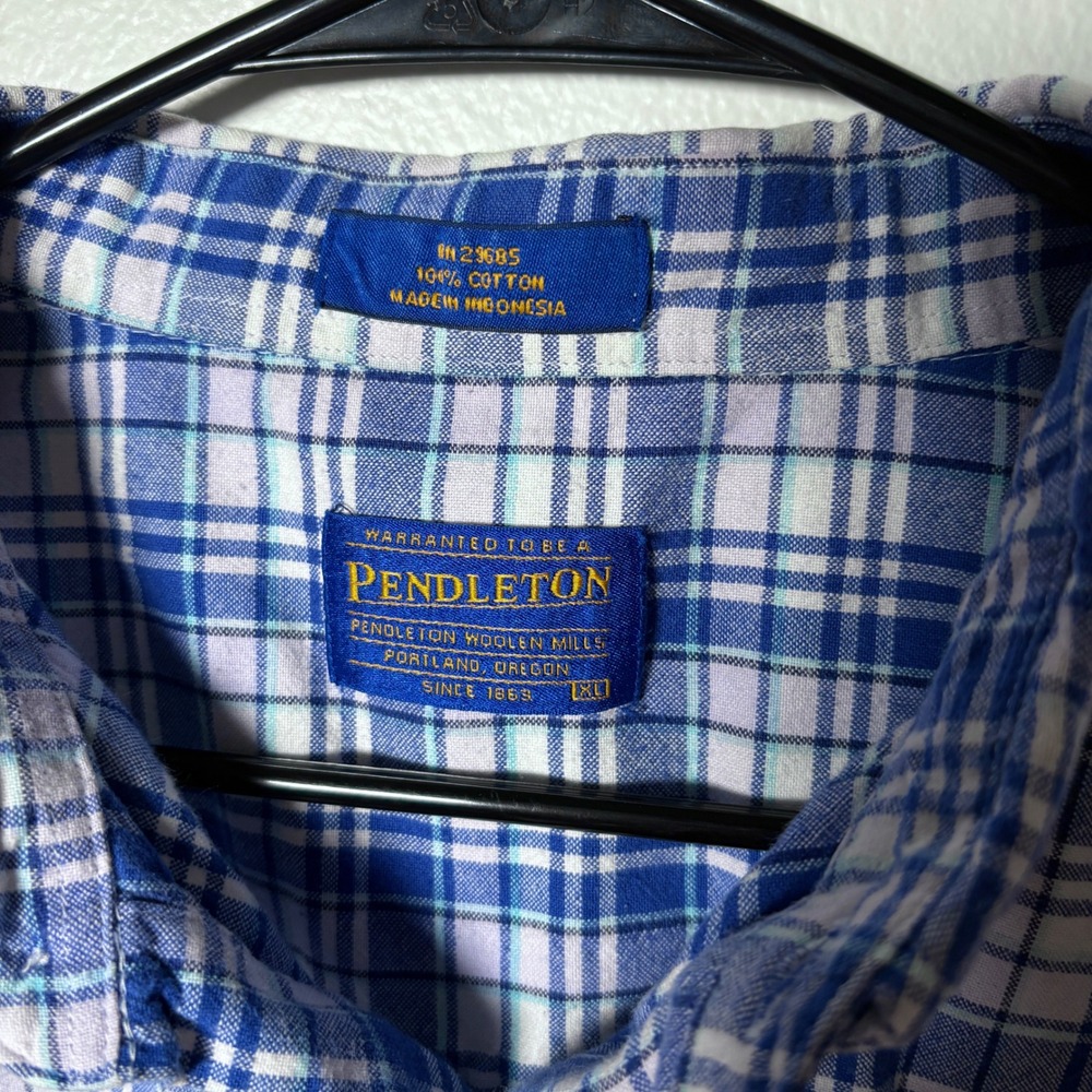 Pendleton Mens XL Short Sleeve Plaid Button Down Shirt Blue White 100% Cotton - Picture 3 of 7